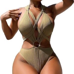 NWT Nenadeer Ring Linked Cut-Out Criss Cross Halter One Piece Swimsuit